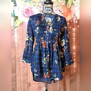 American RAG XS Semi Sheer Blue Floral Top Button down sheer Blouse